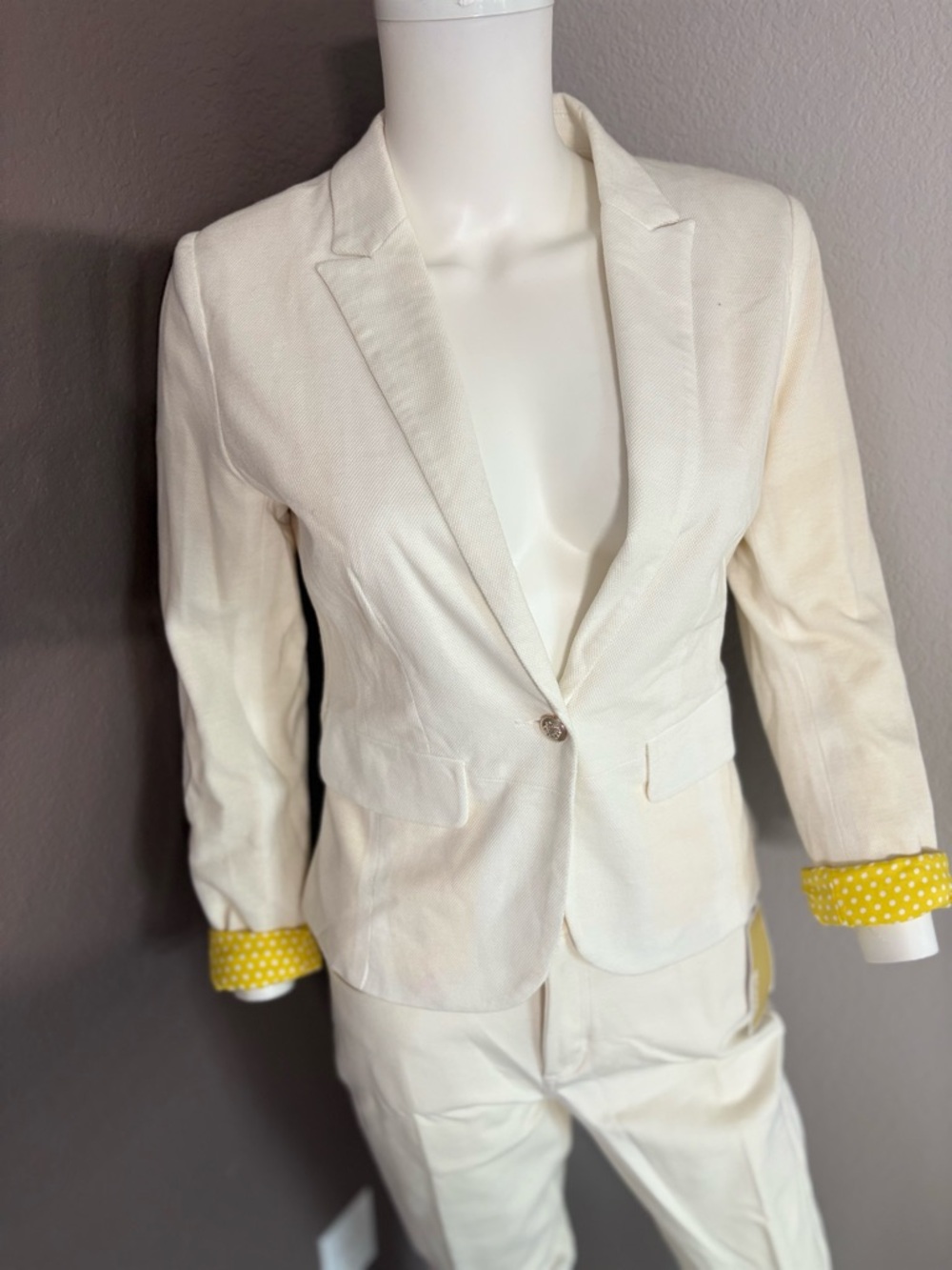 Shasa Cream Blazer with Yellow Polka-Dot Cuff